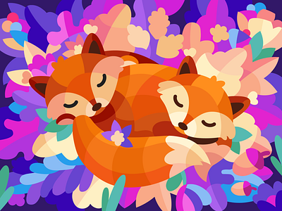 Foxes in foliage flat illustration vector