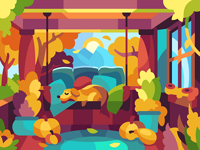 Autumn swing autumn color countrycide cute autumn dog cute autumn flat house illustration nature sky sun three vector