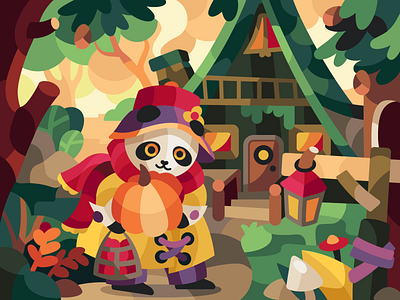 Autumn panda animal autumn fairytale fantasy forest house illustration magic panda pumpkin vector