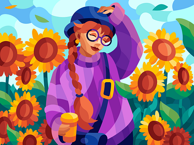 Girl and sunflowers autumn beauty coffee girl happy illustration nature summer sunflower vector