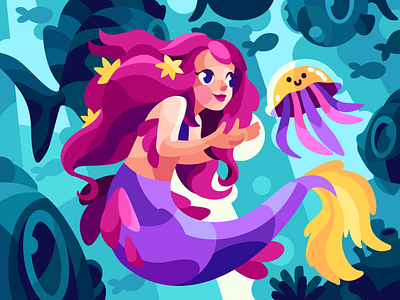 Little mermaid and jellyfish branding character design fish illustration jellyfish mermaid sea vector