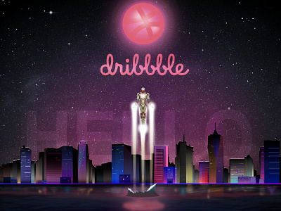 Hello Dribbble city design first shot flat hello illustration ironman night vector