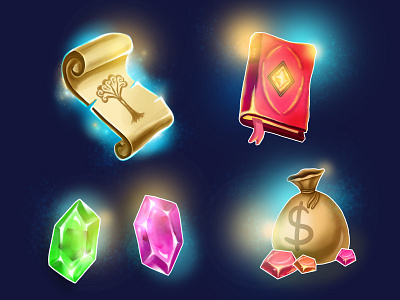 Game icons assets book crystals game art game artist game concept game icon gui icon illustration item objects roll