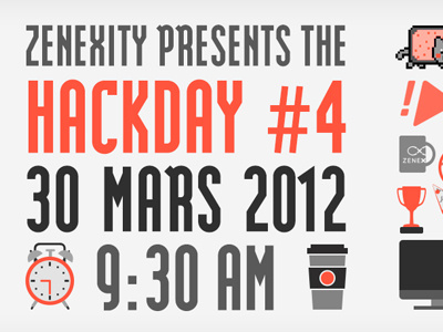 Poster for the 4th Zenexity Hackday font geek hackday icons modula poster red