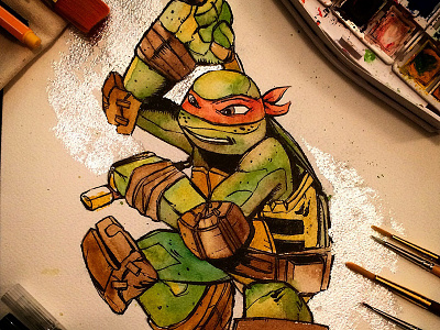 Michelangelo Watercolor Commission cartoon illustration ink michelangelo nickelodeon painting silver foil teenage mutant ninja turtles tmnt traditional watercolor