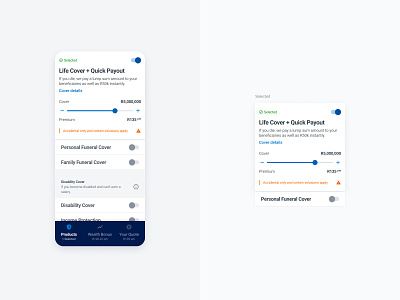 Product Cards Exploration - Open and Closed States card ui clean closed state component design system exploration financial services fintech insurance light mobile onboarding open state product cards product design quote sticky footer tabs ui ux