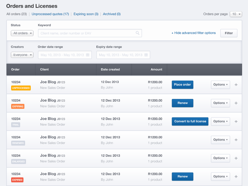 Orders and Licenses