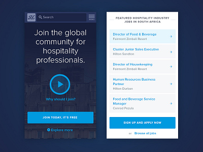 Hospitality Leaders Homepage Mobile app background image homepage hospitality hotel jobs list mobile social network