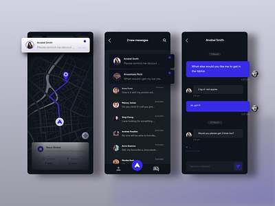 Chat screens from the delivery app app chat dark ui darkmode delivery interaction map message minimal nightmode roadmap