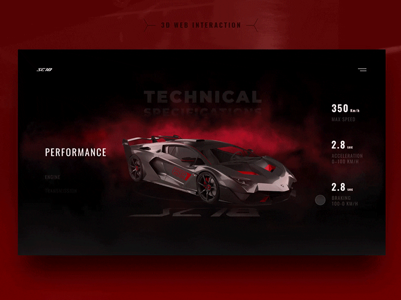 3D Interaction of Lamborghini SC18 Alston concept alston app black car car ui dark ui design interaction interaction design lamborghini landing page motion red red and black sc18 super car ui uiux ux web