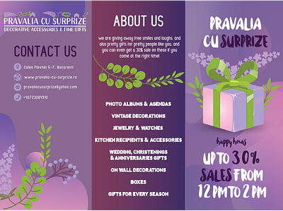Brochure concept for a gift shop branding bucharest colors design flowers illustration logo purple
