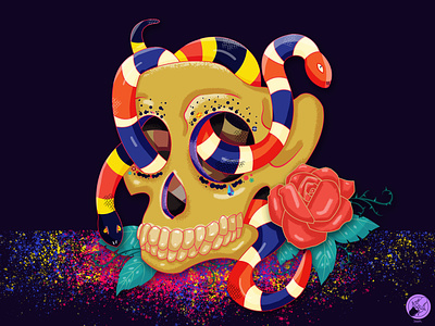 Skull with snakes 2d 2d art adobe ilustrator adobe photoshop art colorful design freelance freelancer gif illustration ilustration mexican rose skull snakes vector vivid colors
