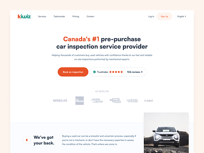 Kiwiz Canada website redesign car car inspection car purchase hero section landing page ui design