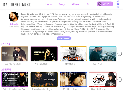 Artist website UI design-Landing page album artist bohemia desi hip hop design figma hip hop kali denali landing page music pakistani rap song t series ui ui ux ux vector web deisgn website