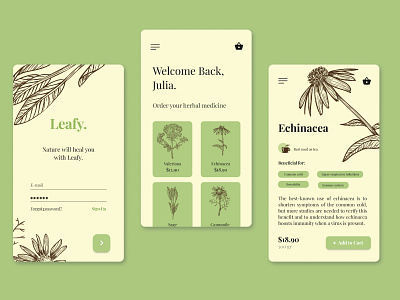 Leafy - Medicinal Herbs App app design herbal herbs leaf menu mobile design mobile ui shop ui ui design ux ux design