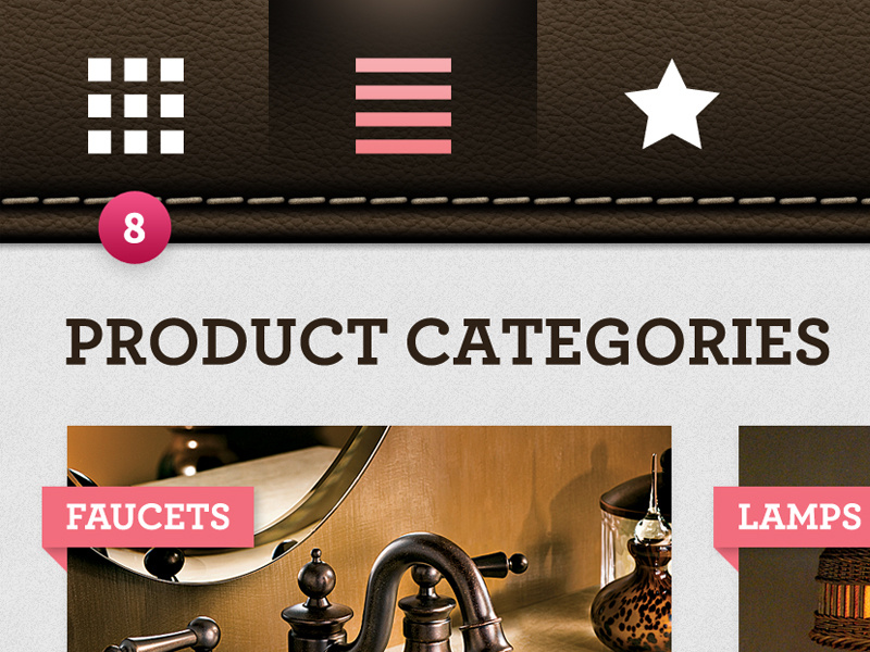 Furniture App — Categories app tablet interface interactive furniture brown pink leather ios stitches ipad ux ui mobile skeuomorphism