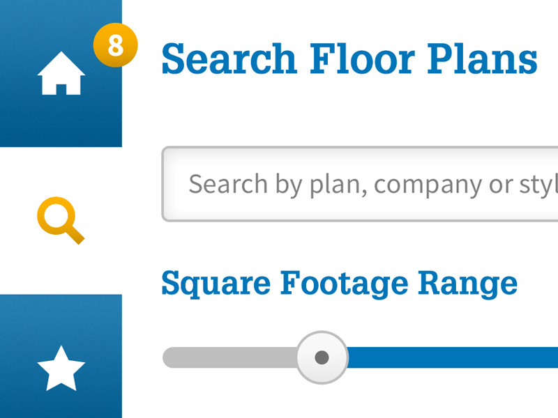 Floor Plans App — Search app tablet interface interactive floor plan blue yellow mobile ux ui icons slider navigation