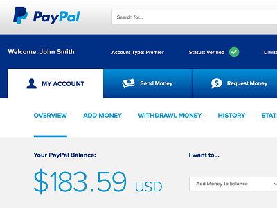 PayPal Dashboard Redesign Concept blue buttons concept dashboard icons interface paypal redesign tables tabs ui ux