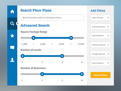 Floor Plans App — Search app blue icons interactive interface mobile navigation slider tablet ui ux yellow