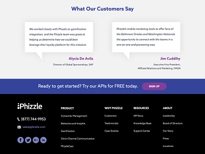 Phizzle — Footer footer purple testimonial ui user interface ux website