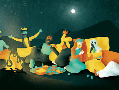 Great King XV - b campfire children fire food great illustration kids book king lighting night sky stories texture