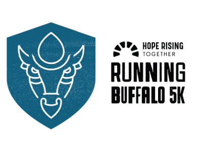 Running Buffalo bison brand branding buffalo charity drop fundraise icon identity illustration logo mark nonprofit race run shield symbol texture vector walk