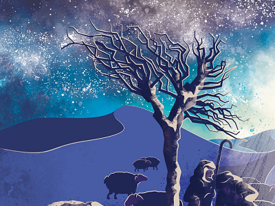 Sneak Peek WIP desert illustration illustrator light nebula photoshop shadows sheep shepherds sky texture tree vector