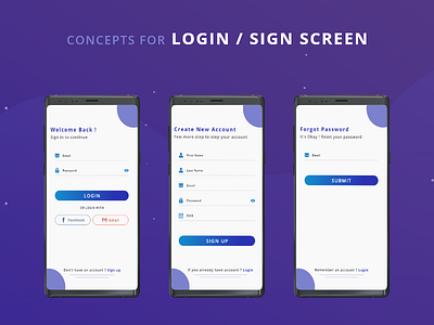 Login And Sign up Screen adobe xd app app design blue and white creative design design forgot password gradient graphic graphic design illustration login page mobile mockup photoshop sign up page signup ui uiux design ux