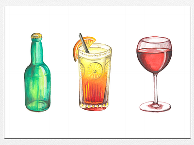 Happy Hour beer art beer bottle cocktail cocktail party happy hour illistration water color wine glass