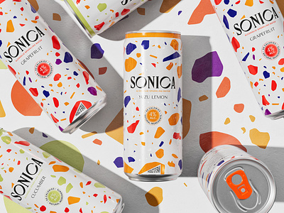Sonica identity 3d beverage beverage logo branding can identity packaging pattern spain terazzo