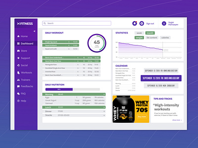 Fitness Dashboard calendar chart daily dailyworkoutplan dashboad fitness gym nutrition protein shop social statistic tips trainer tricks ui uiux ux web workout