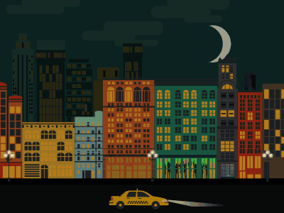 City Nightlife animated animation buildings city gif lights moon night nyc taxi