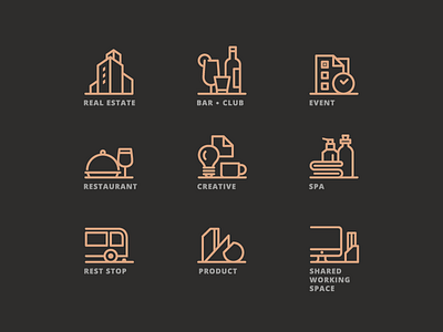 TTG Icon Pack bar club creative event icon line art product real estate rest stop restaurant shared working space spa