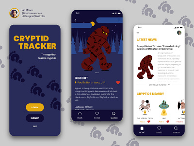 Cryptid Tracker, Bigfoot app branding design illustration logo ui