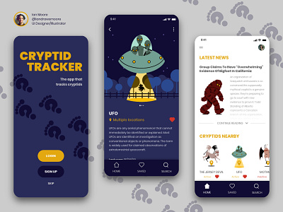 Cryptid Tracker, UFO app branding design illustration logo ui