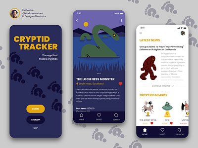 Cryptid Tracker, Lochness Monster app branding design illustration logo ui
