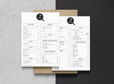 Z Bistro Menu Design bistro brand identity branding elegant food highend logo menu pan restaurant sophisticated steak