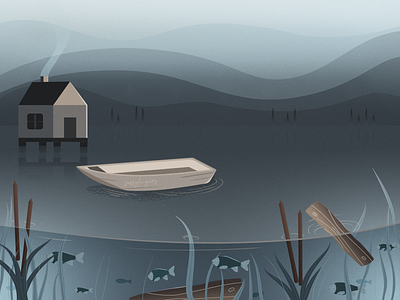 Foggy day.... adobe illustrator animation boat day fish fog grey house illustration swamp vector