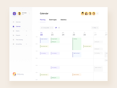 Odyssey • Planning tool agency appointment branding calendar calendar app call clean collaboration design system event freelance meeting planning product design schedule tasks teamwork