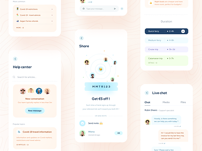 Hopstr • app design part 3 booking branding cards chat clean events filters gradients help center icons live live chat rating search share support travel travel app travelling trip