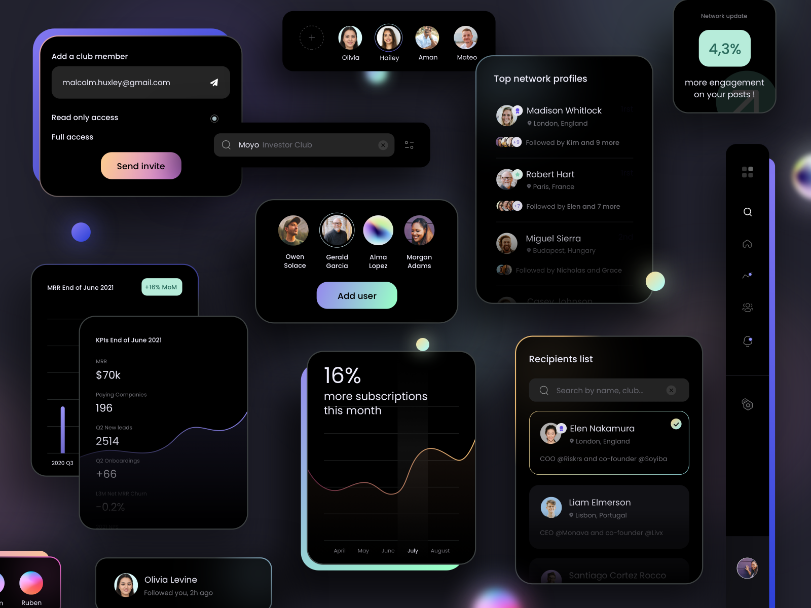 Dark UI elements by Juliette Lagache for isavelev on Dribbble