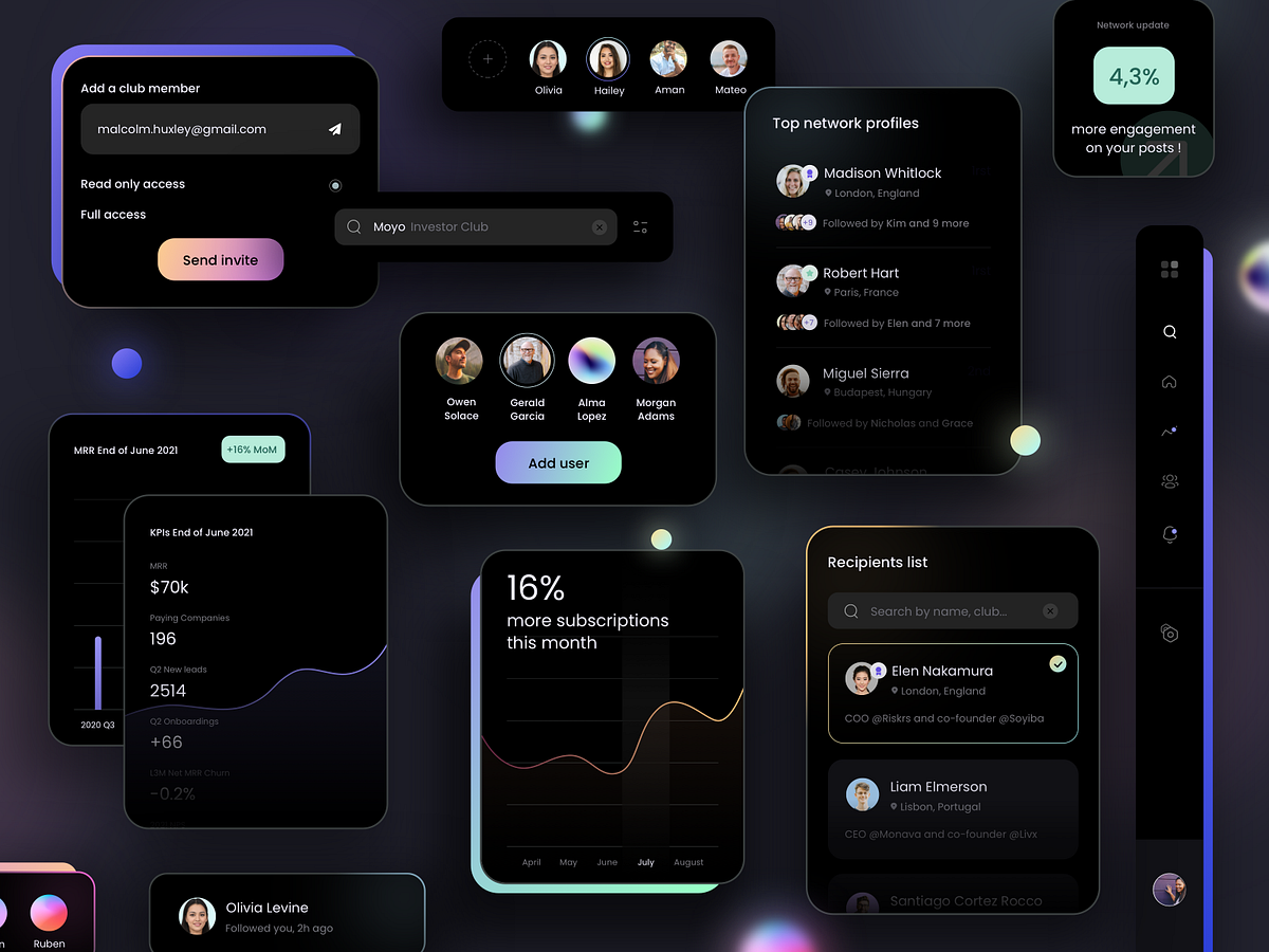 Dark UI elements by Juliette Lagache for White Label on Dribbble