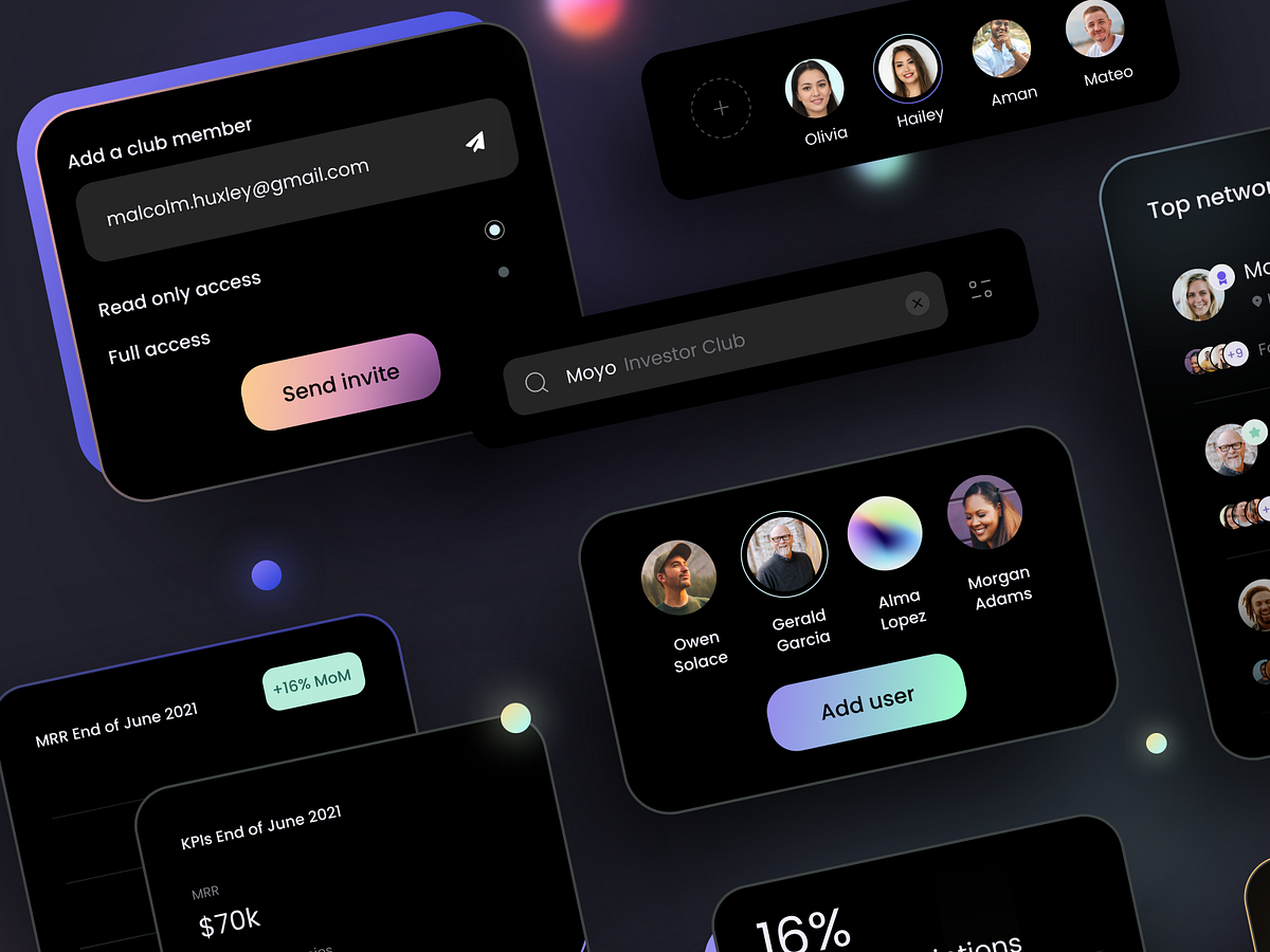 Dark UI elements by Juliette Lagache for isavelev on Dribbble