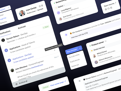 Crew • Candidate profile components activity feed branding careers clean components dark design system hiring icons job notifications product design profile recruitment saas saas design software startup timeline ui elements