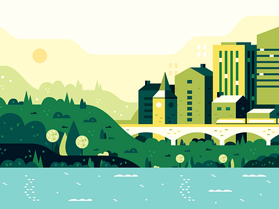 City scene illustration adventure branding buildings city color colorful flat design forest green illustration landscape landscapes nature retro scene town train travel vector water