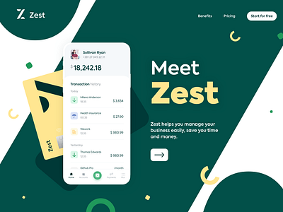 Zest • Homepage hero exploration V1 bank bank account bank app banking business card credit card desktop finance fintech freelance green hero homepage icons inspiration landing page money online bank pattern payments