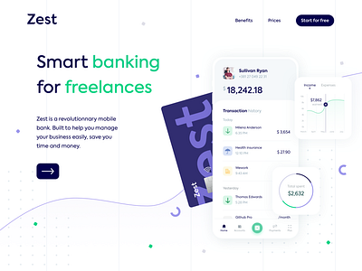 Zest • Homepage hero exploration V3 bank bank account bank app banking clean credit card desktop finance fintech freelance hero home page homepage icons inspiration landing landing page money online bank payment