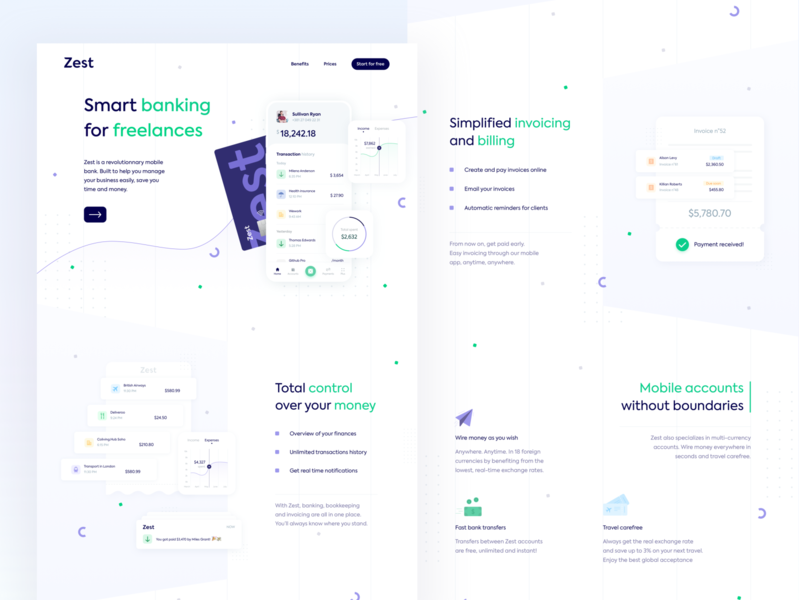 Zest • Homepage exploration bank bank account bank app bank card banking clean credit card desktop finance fintech freelance hero home page homepage icons inspiration landing landing page money payment