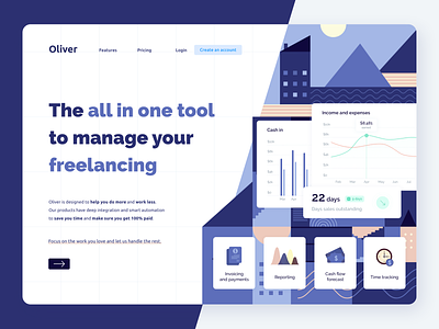 Oliver • Homepage hero exploration analytics blue charts clean desktop finance fintech flat flat design freelance freelancing hero home page homepage icons invoice landing page money payments reporting