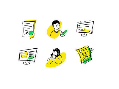 Hand draw icons set 2d art clean color creative design drawing drawings faces green icons illustration logo minimal people set ui vector yellow